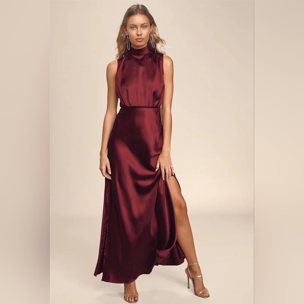 Lulu's Burgundy Satin High-Neck Maxi Dress